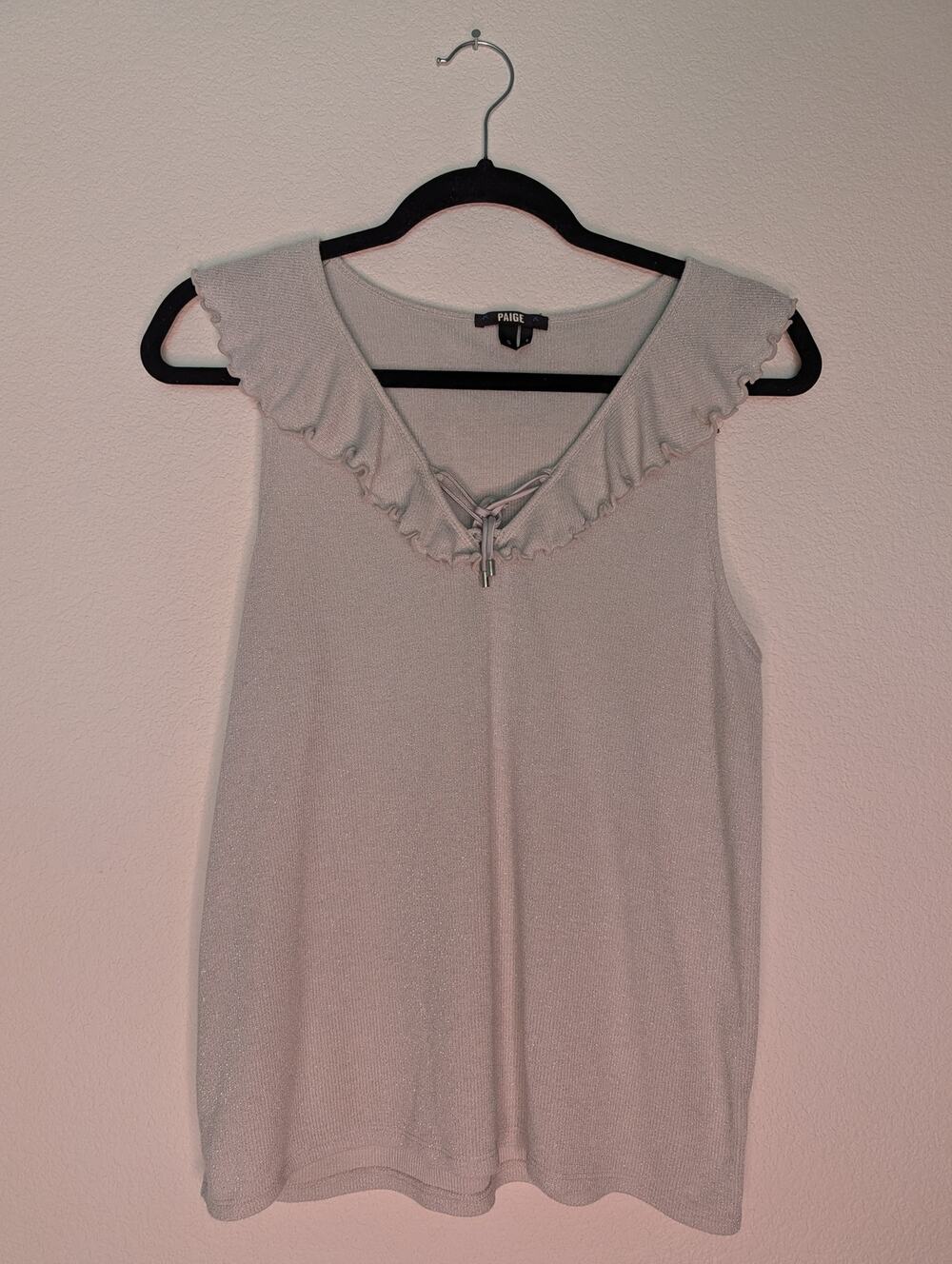 PAIGE Rainey Ribbed Silver Shimmer Lace Up Tank Ruffle S Y2K